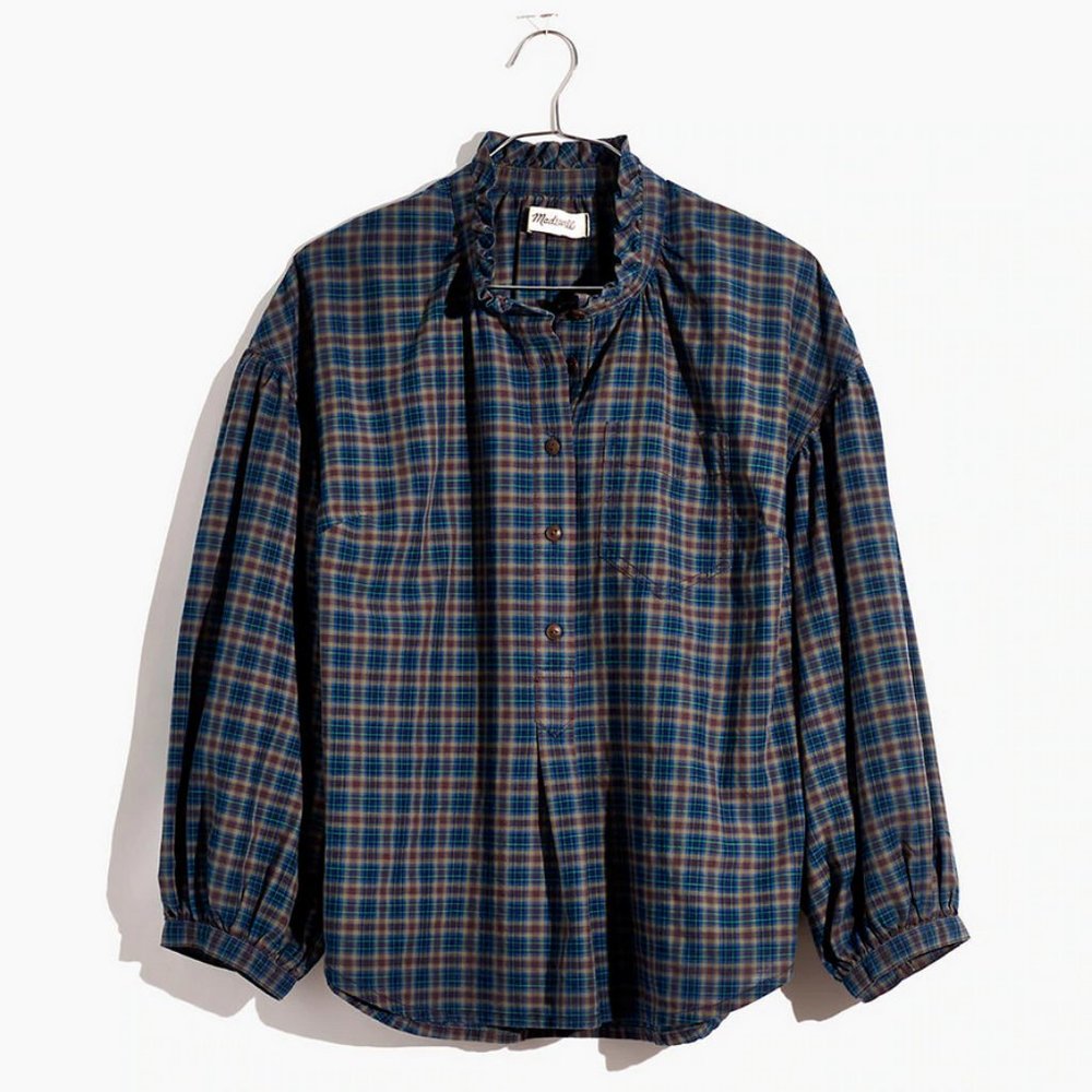 Madewell Plaid Ruffle-Neck Popover Top Size M